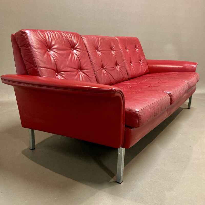 Vintage 3 seater red leather sofa, 1950s