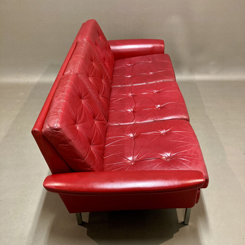 Vintage 3 seater red leather sofa, 1950s