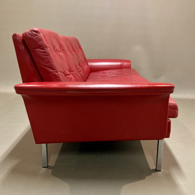 Vintage 3 seater red leather sofa, 1950s