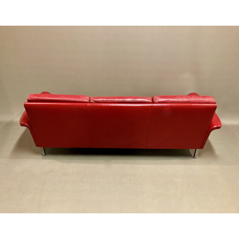 Vintage 3 seater red leather sofa, 1950s