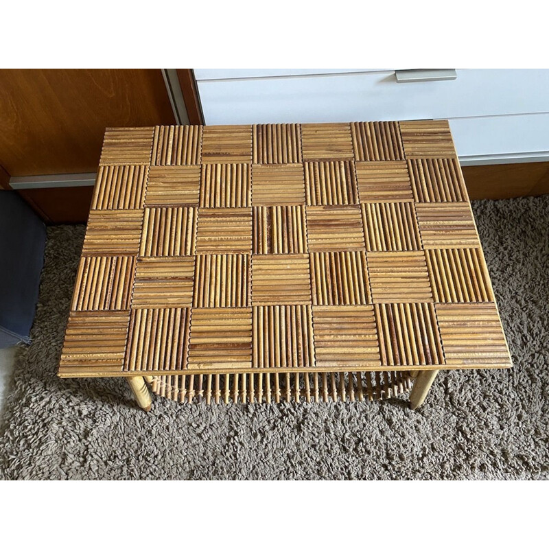 Vintage gespleten bamboe en rotan salontafel, 1960