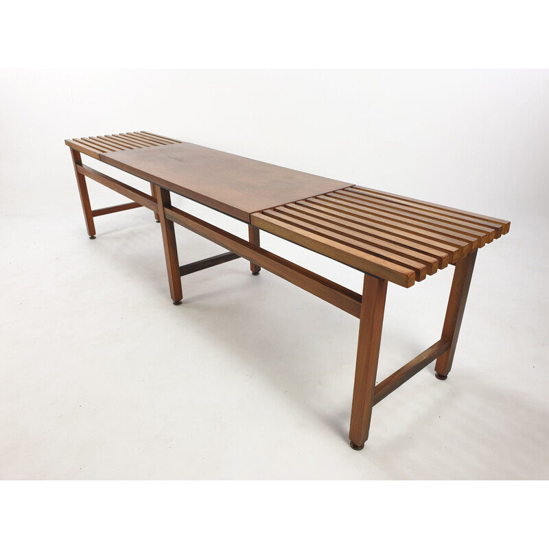 Mid century bench in walnut and teak with brass feet, Italy 1950s