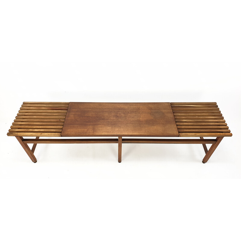 Mid century bench in walnut and teak with brass feet, Italy 1950s