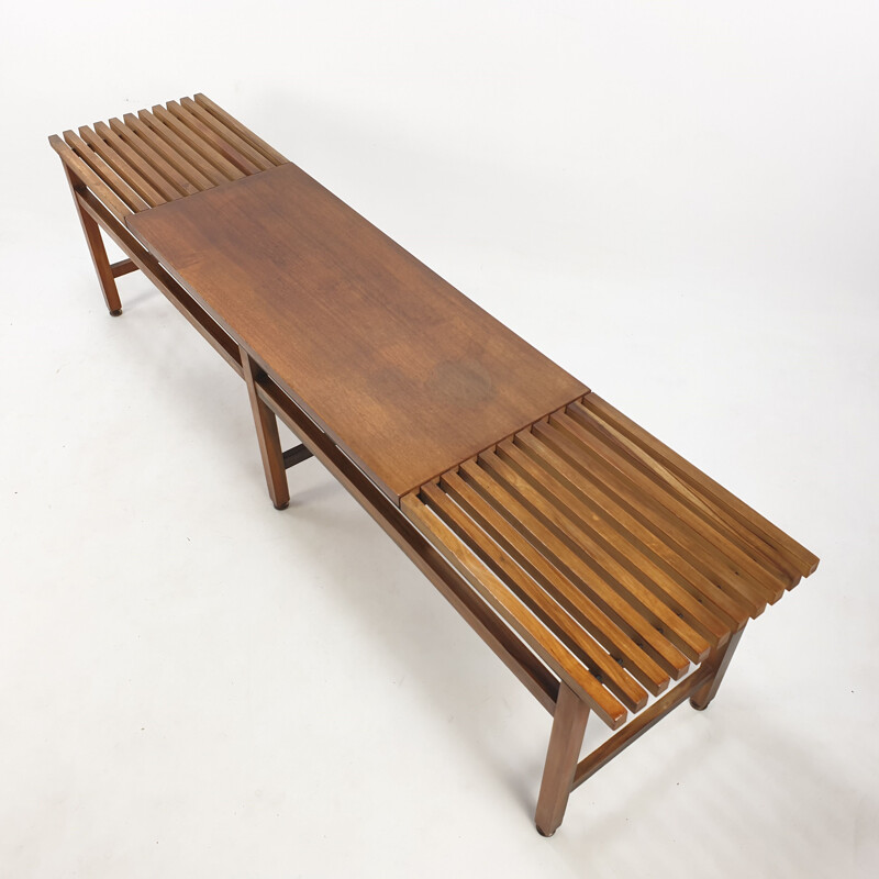 Mid century bench in walnut and teak with brass feet, Italy 1950s