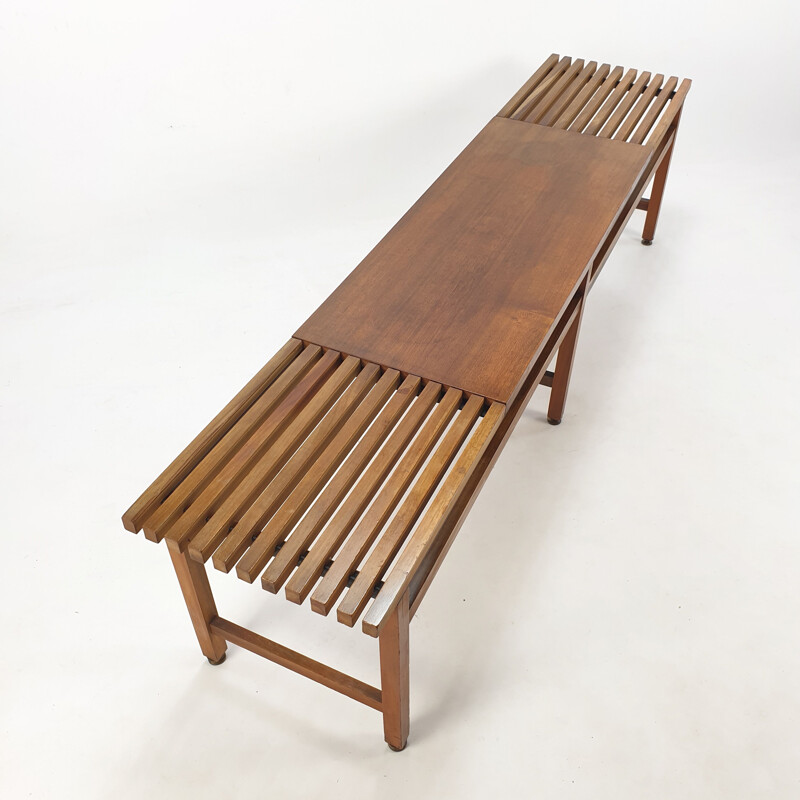 Mid century bench in walnut and teak with brass feet, Italy 1950s