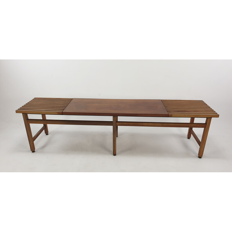 Mid century bench in walnut and teak with brass feet, Italy 1950s