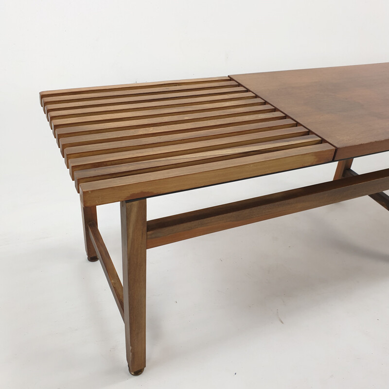 Mid century bench in walnut and teak with brass feet, Italy 1950s