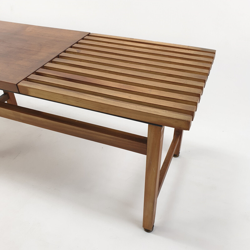 Mid century bench in walnut and teak with brass feet, Italy 1950s