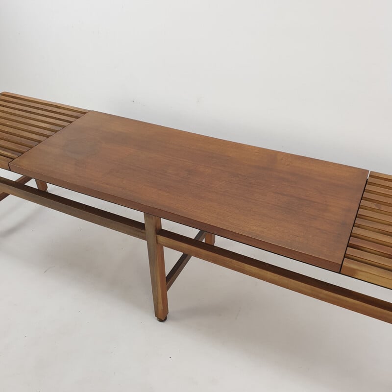 Mid century bench in walnut and teak with brass feet, Italy 1950s