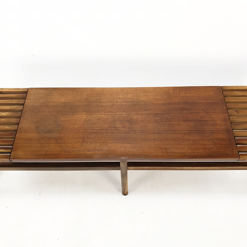 Mid century bench in walnut and teak with brass feet, Italy 1950s