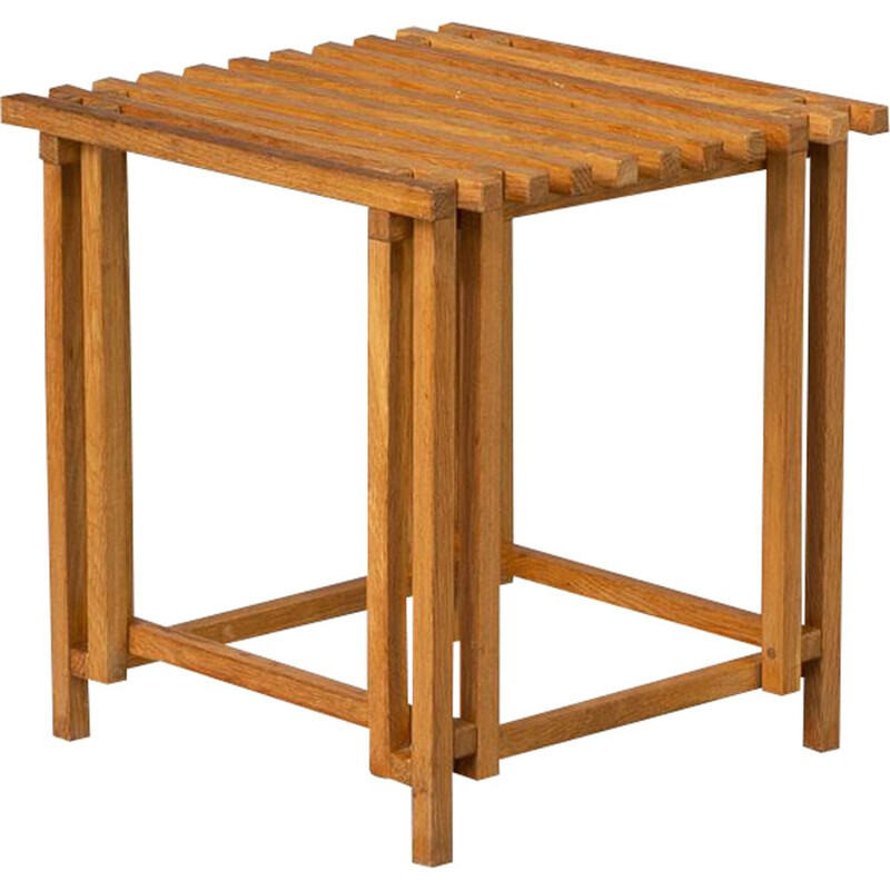 Oak wooden slatted architectural vintage side table, 1970s