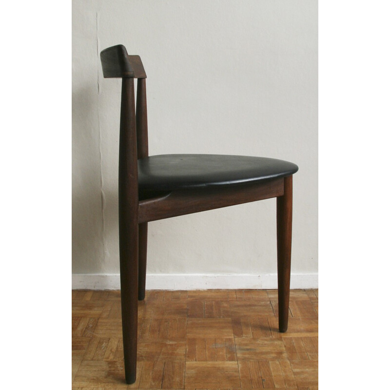 Tripod chair in teak and black leatherette, Hans OLSEN - 1960s