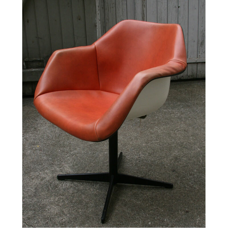 Fauteuil anglais Hille en simili cuir orange et métal, Robin DAY - 1960