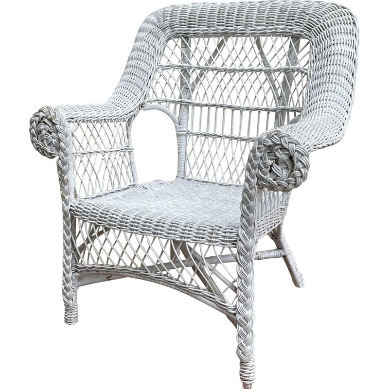 Vintage white rattan armchair for children, 1970-1980s