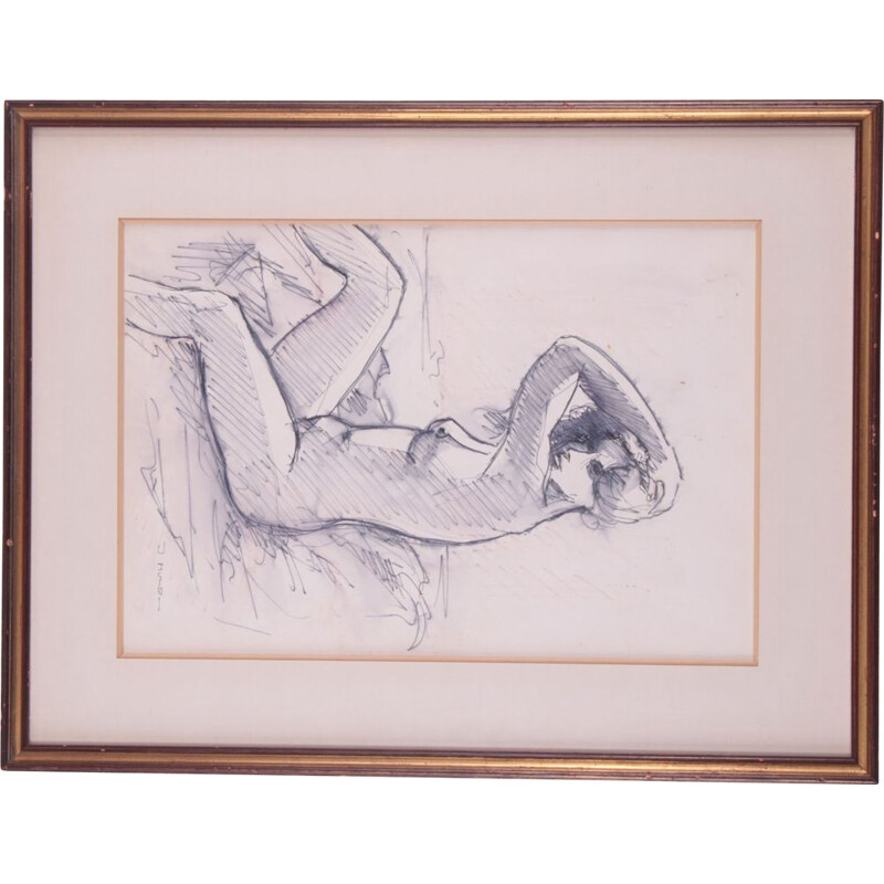 Dessin vintage fait à la main de femme nue, 1960