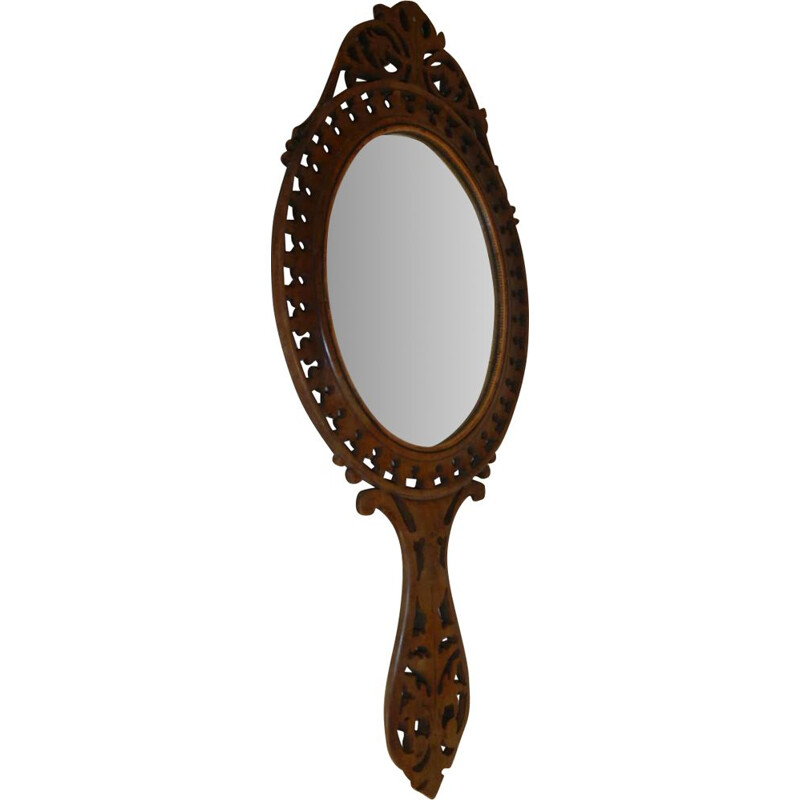 Vintage makeup mirror in olive and walnut inlay wood, 1930