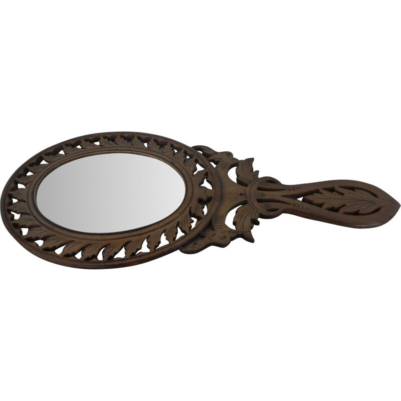 Vintage makeup mirror in olive and walnut wood inlay, 930