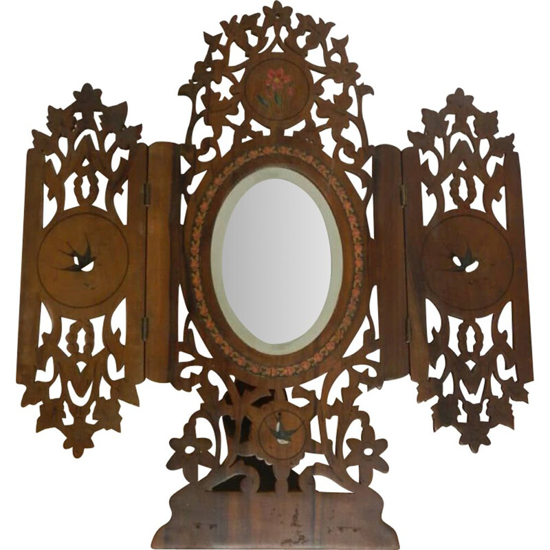 Specchio pieghevole d'epoca in legno di ulivo e noce intarsiato, 1930