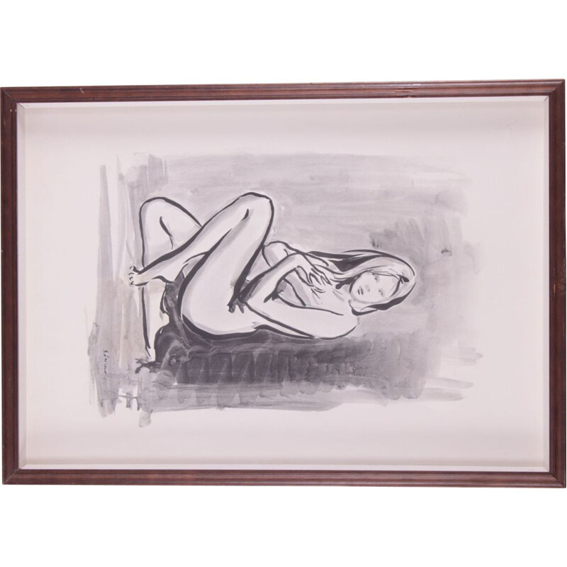 Dessin vintage fait à la main de femme nue, croquis de femme, 1960