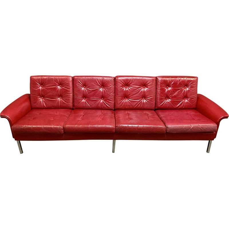 Canapé vintage 4 places en cuir rouge, 1950