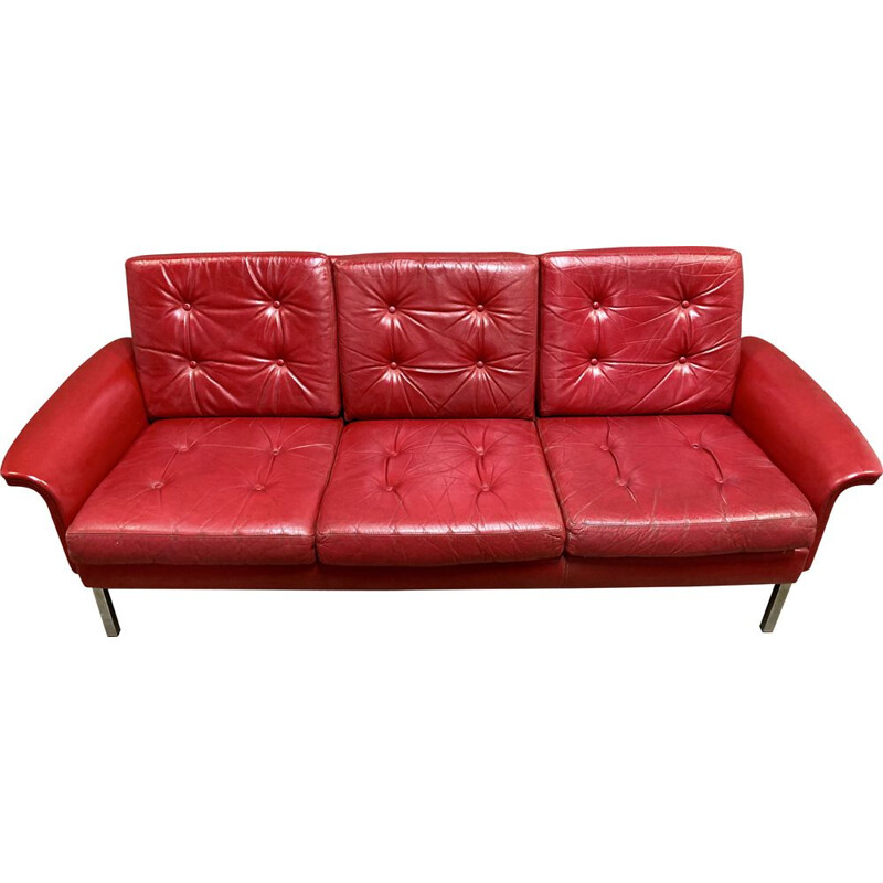 Vintage 3 seater red leather sofa, 1950s