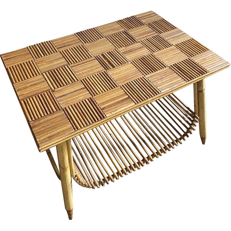 Table basse vintage en bambou refendu et rotin, 1960