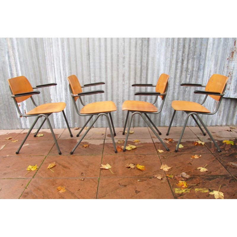 Set of 4 school armchairs with Bakelite armrests - 1960s