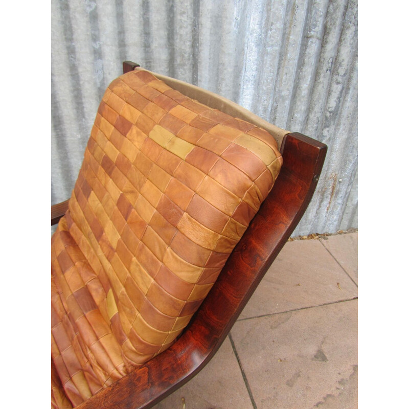Danish patchwork leather and bentwood Cantilever armchair - 1970s 