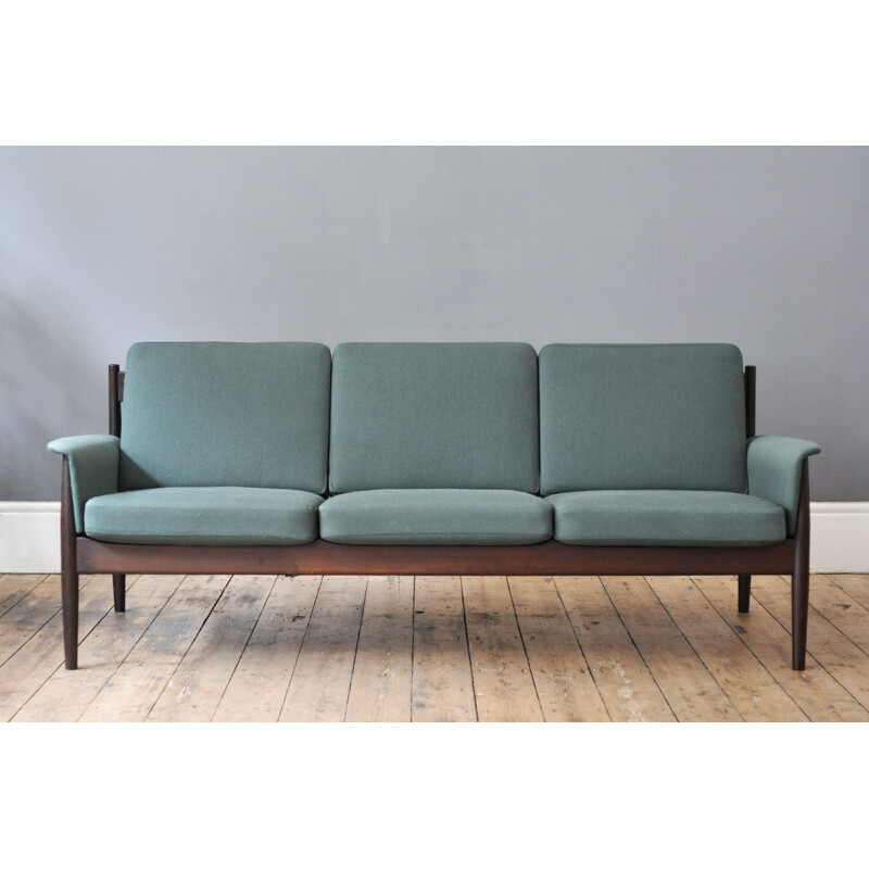 3-seater scandinavian sofa in teak and green wool, Grete JALK - 1960s