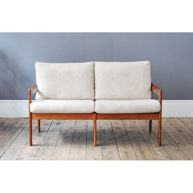 2 seater sofa in teak with woollen fabric, Illum WIKKELSO - 1960s