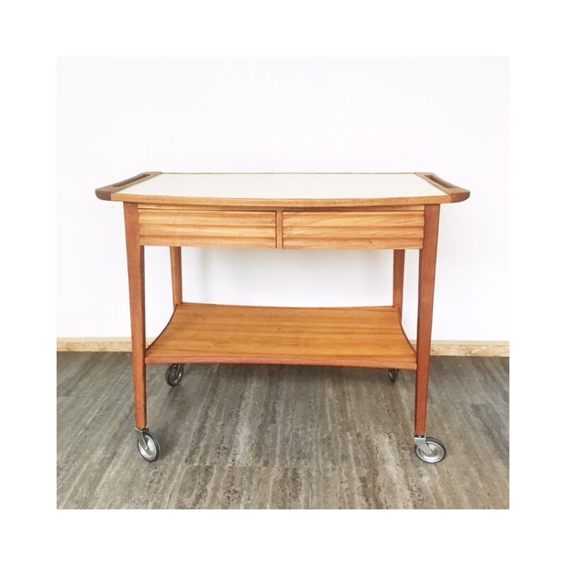 Mid century 2-drawers rolling trolley with white formica top