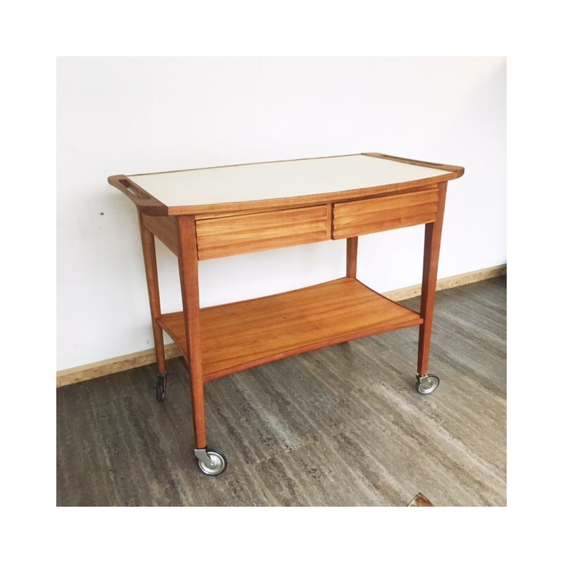 Mid century 2-drawers rolling trolley with white formica top