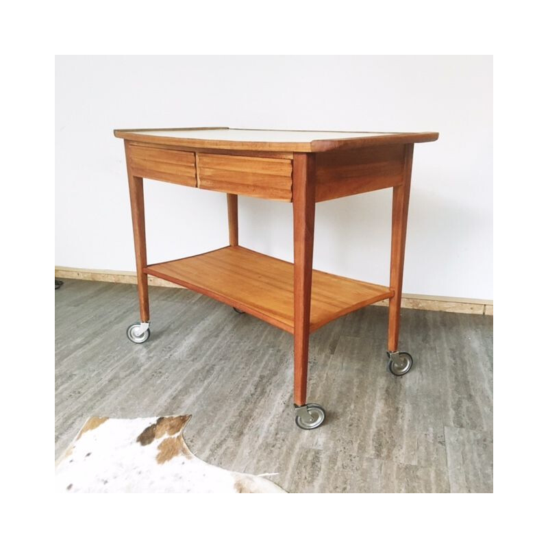 Mid century 2-drawers rolling trolley with white formica top