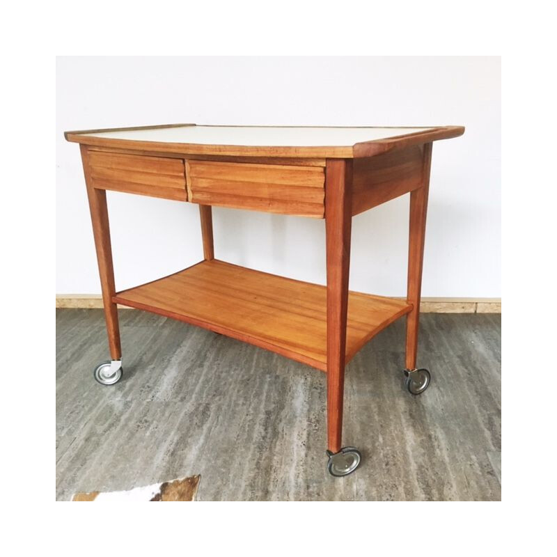 Mid century 2-drawers rolling trolley with white formica top