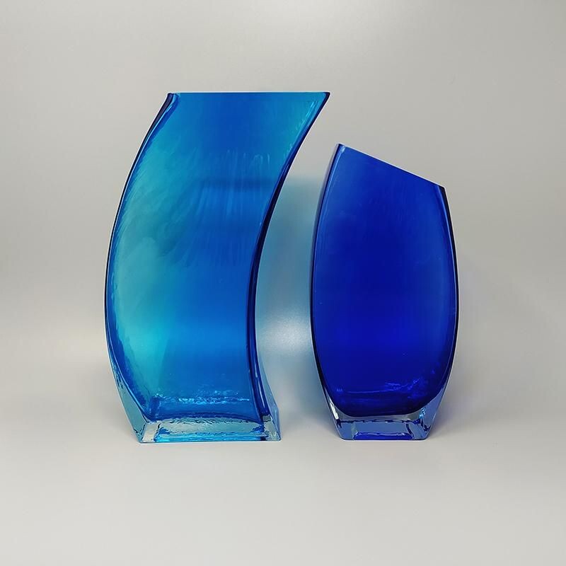 Pair of vintage blue vases in Murano glass, Italy 1970s