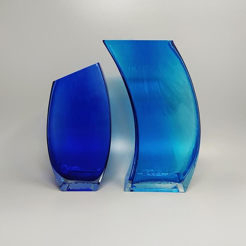 Pair of vintage blue vases in Murano glass, Italy 1970s