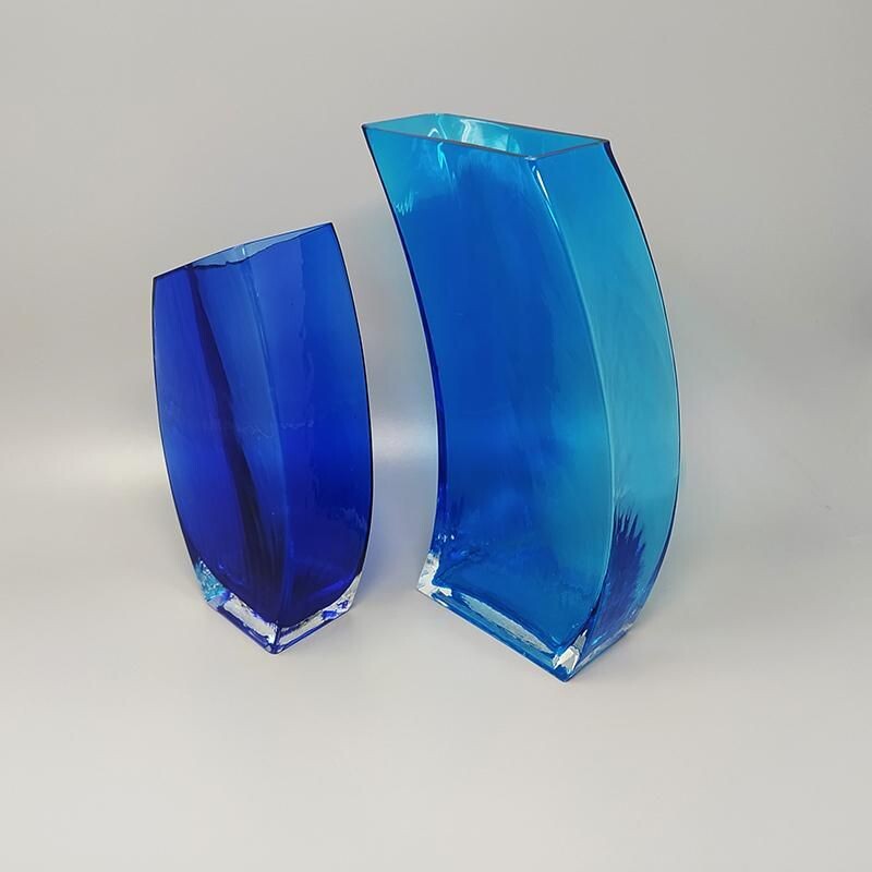 Pair of vintage blue vases in Murano glass, Italy 1970s