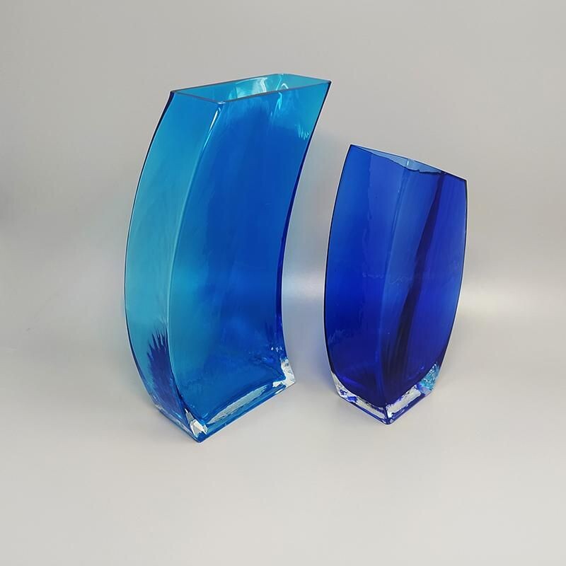 Pair of vintage blue vases in Murano glass, Italy 1970s