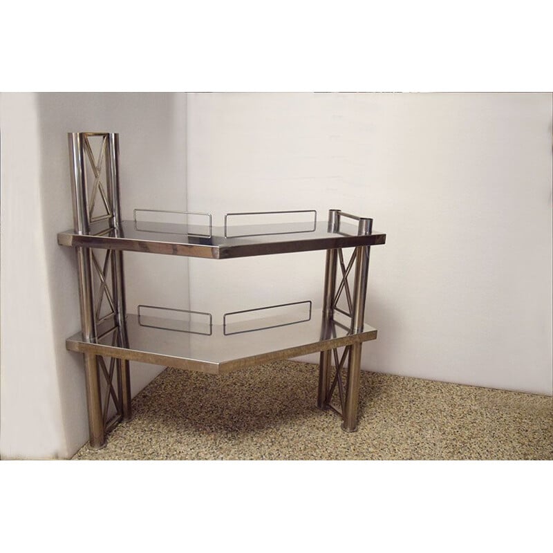 Corner console in steel with two shelves, Italia 1970s