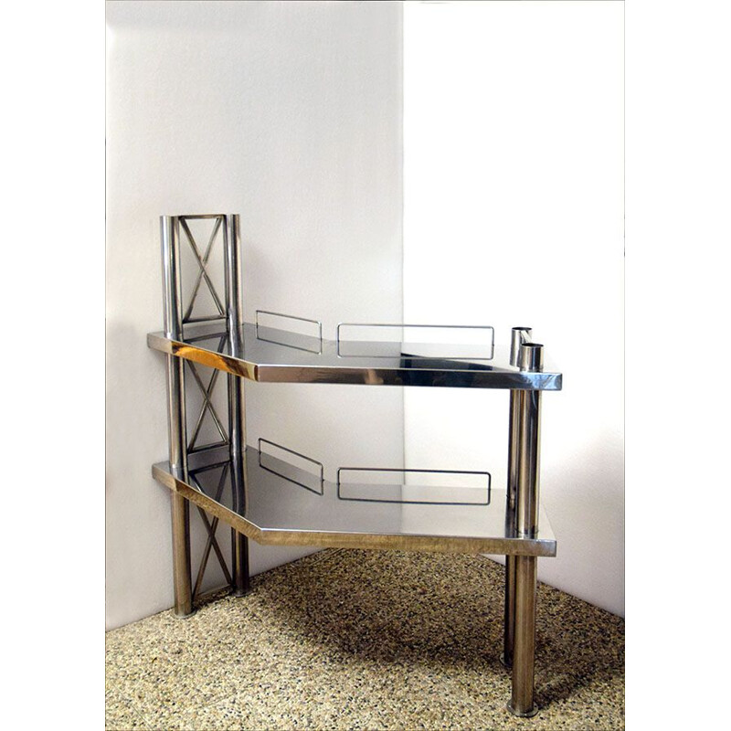 Corner console in steel with two shelves, Italia 1970s