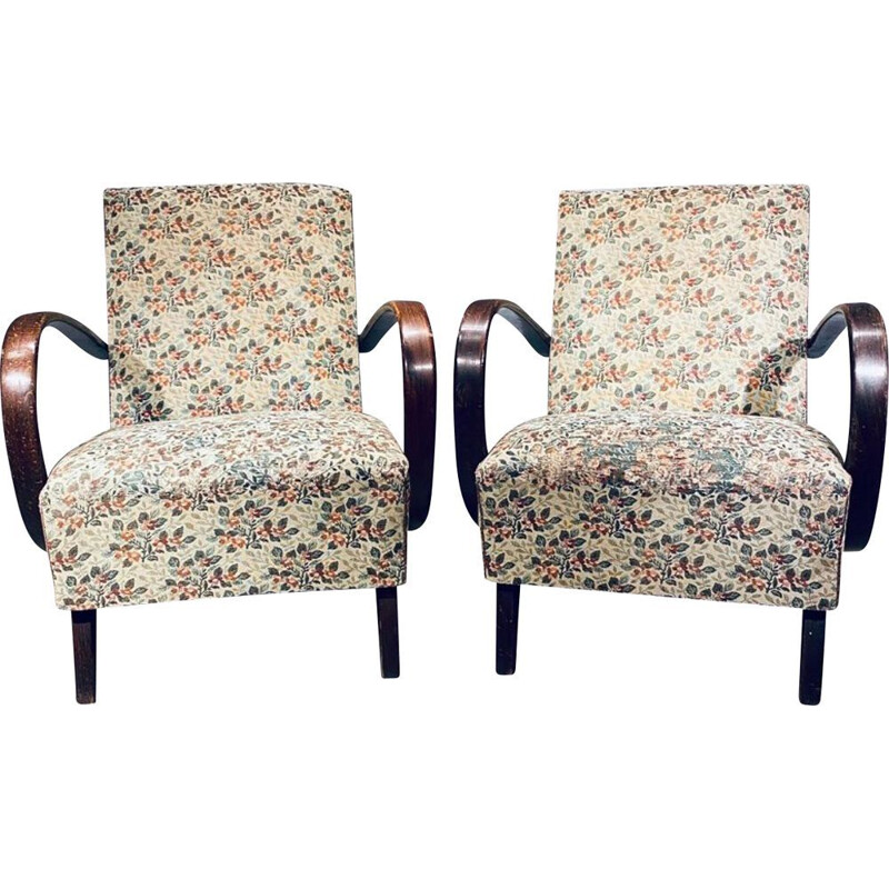 Pair of vintage H 227 art deco armchairs by Halabala