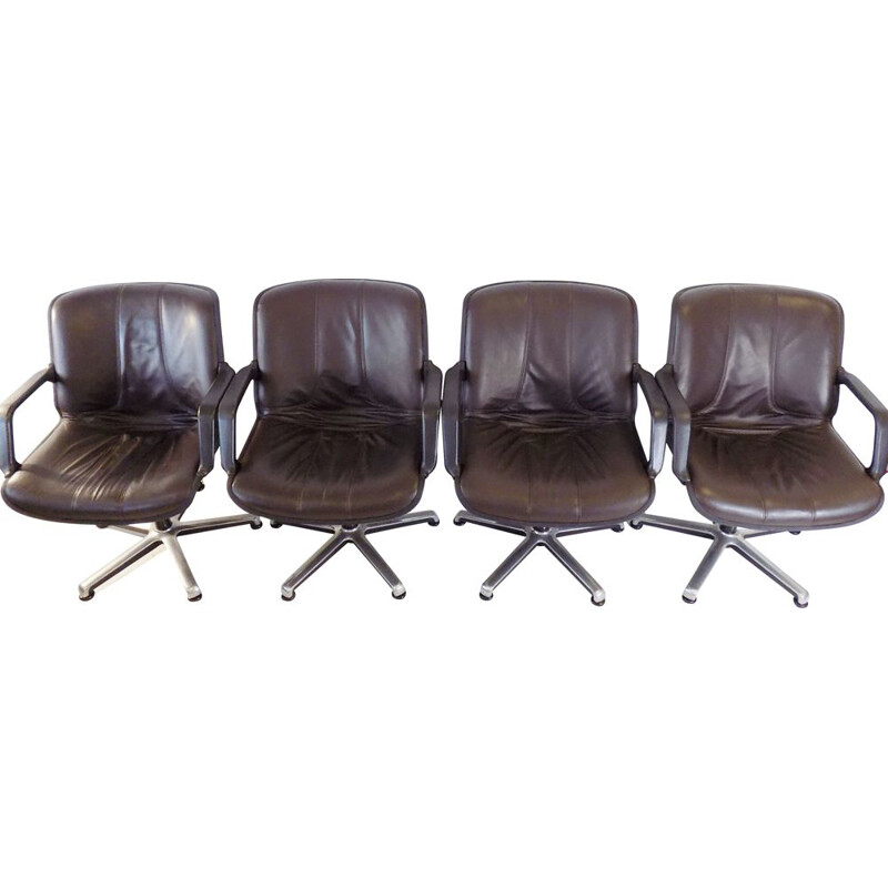 Set of 4 vintage Fröscher leather office chairs by Burkhard Vogtherr, 1970s