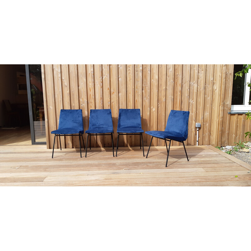 Lot de 4 chaises vintage en métal noir de Pierre Paulin pour Meuble TV, 1950