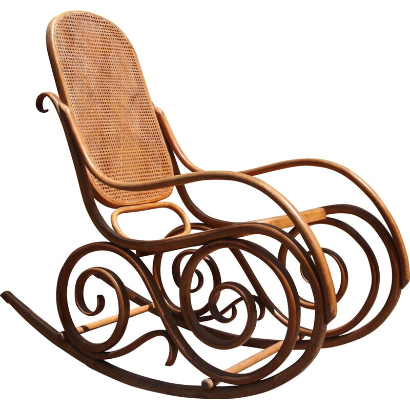 Chaise à bascule en bois courbé et cannage par JF Kohn