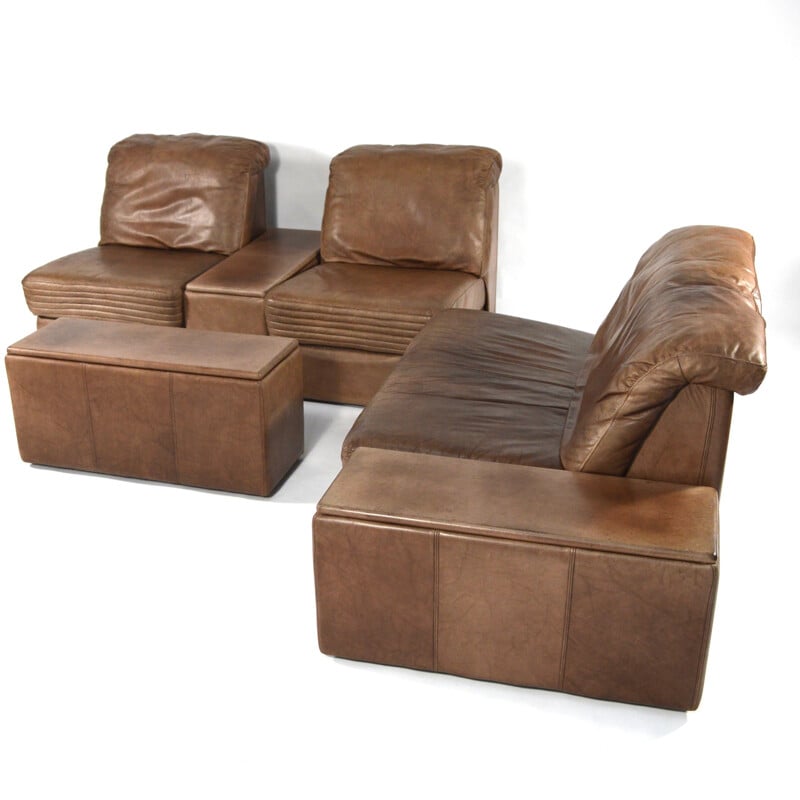 Brown leather lounge set - 1970s