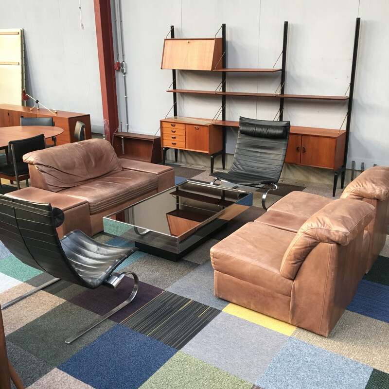 Brown leather lounge set - 1970s