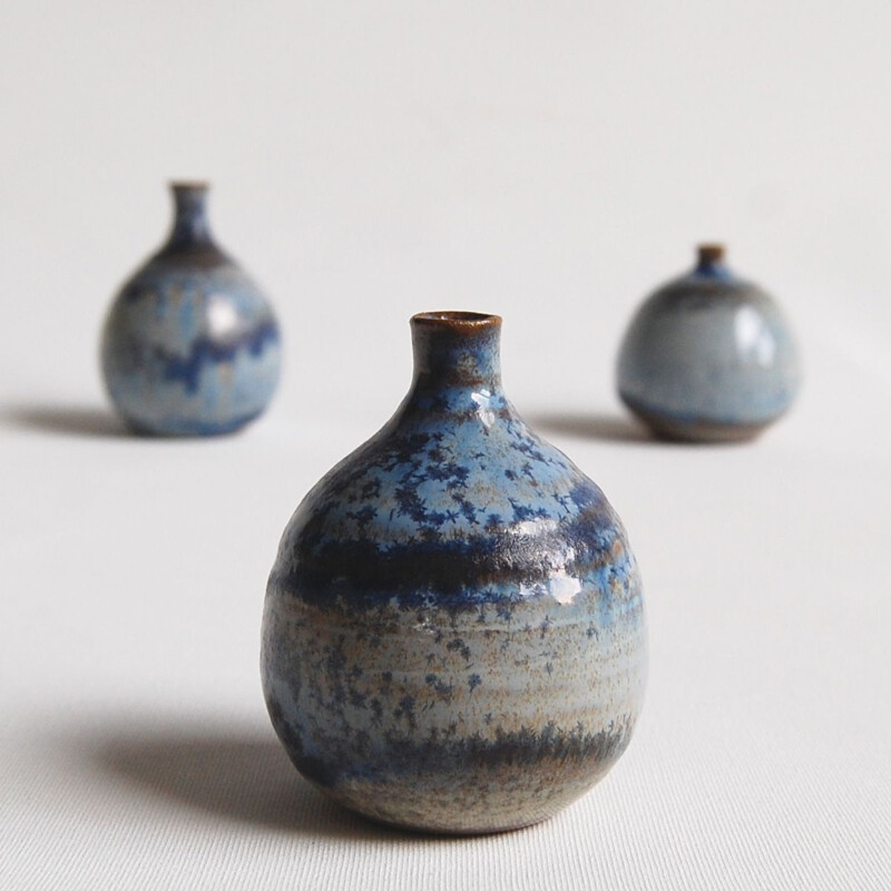 Set of 3 blue vintage ceramics by Antonio Lampecco