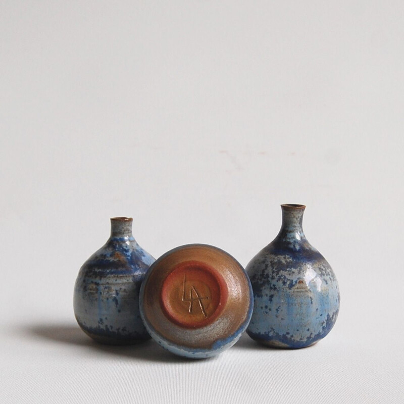 Set of 3 blue vintage ceramics by Antonio Lampecco