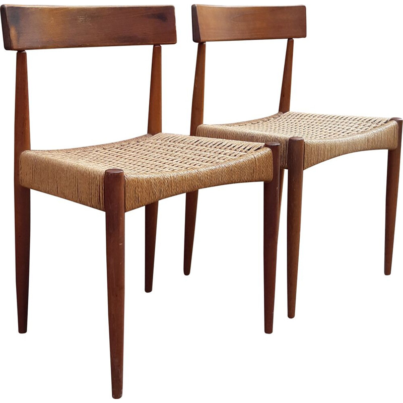 Pair of vintage danish teak and rope chairs by Arne Hovmand-Olsen for Mogens Kold, 1960