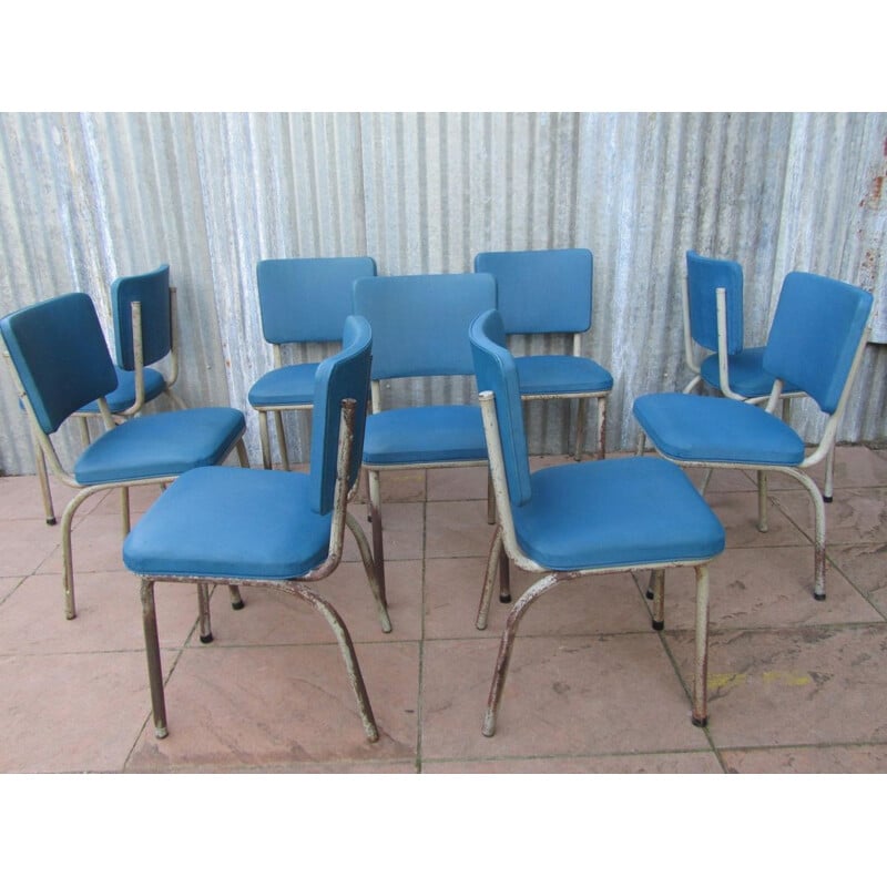 Set of 9 Tubax industrial blue chairs - 1950s
